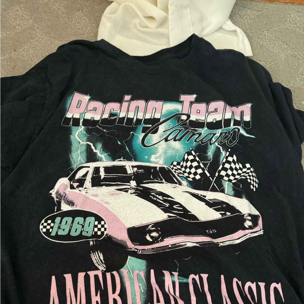 Chemistry Black Tee with White Print. Barely Worn. Camaro. Graphic Tee